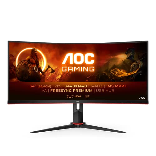AOC Monitor Gaming CU34G2X/BK - 34' Curved 1500R WQHD, 144Hz, 1ms, VA, Freesync Premium, 3440x1440, 300cd/m, HDMI 2x2.0, Displayport 2x1.2, Color Negro
